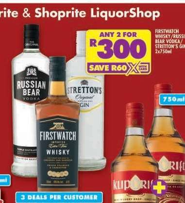 Firstwatch Whisky/Russian Bear Vodka/Stretton's Gin