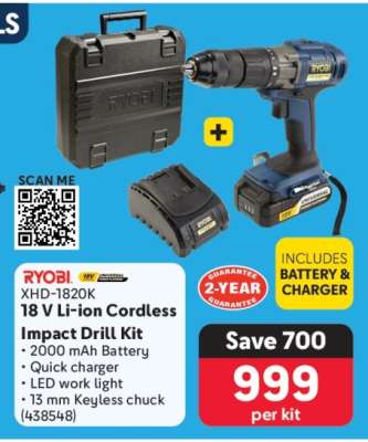 RYOBI XHD-1820K 18 V Li-ion Cordless Impact Drill Kit