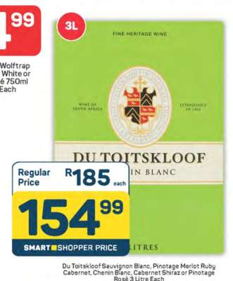 Du Toitskloof Sauvignon Blanc, Pinotage Merlot Ruby Cabernet, Chenin Blanc, Cabernet Shiraz or Pinotage Rosé 3 Litre Fac