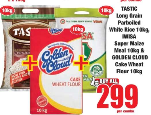 TASTIC Long Grain Parboiled White Rice 10kg, IWISA Super Maize Meal 10kg & GOLDEN CLOUD Cake Wheat Flour 10kg