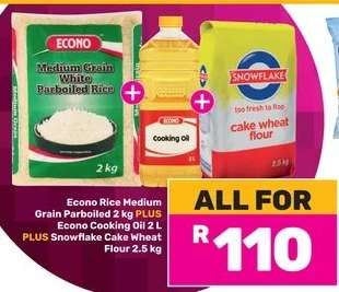 Econo Rice Medium Grain Parboiled 2 kg + Econo Cooking Oil 2 L + Snowflake Cake Wheat Flour 2.5 kg