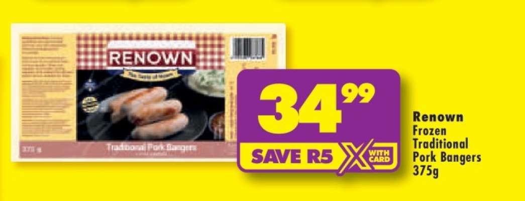 RENOWN FROZEN TRADITIONAL PORK BANGERS 375g