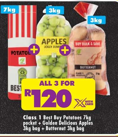 Class 1 Best Buy Potatoes 7kg pocket + Golden Delicious Apples 3kg bag + Butternut 3kg bag