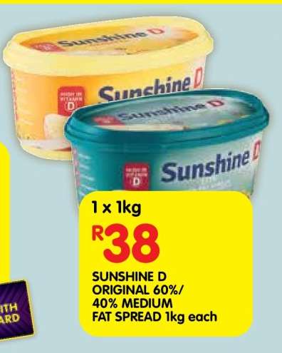 SUNSHINE D ORIGINAL 60%/40% MEDIUM FAT SPREAD 1kg each