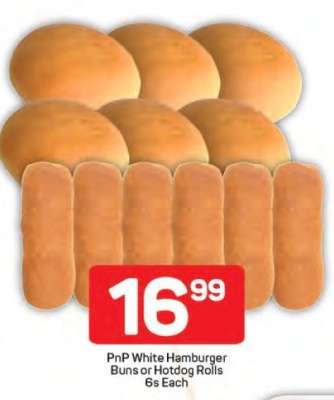 PnP White Hamburger Buns or Hotdog Rolls 6s Each
