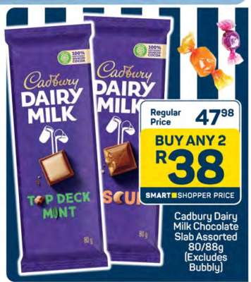 Cadbury Dairy Milk Chocolate Slab Assorted 80/88g (Excludes Bubbly)