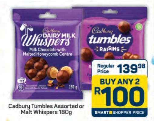 Cadbury Tumbles Assorted or Malt Whispers 180g