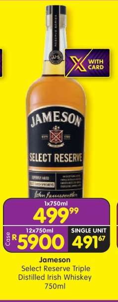 JAMESON SELECT RESERVE TRIPLE DISTILLED IRISH WHISKEY 750ml