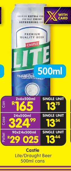 Castle Lite/Draught Beer 500ml cans