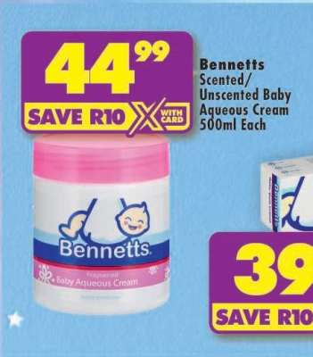 Bennetts Scented/Unscented Baby Aqueous Cream 500ml Each