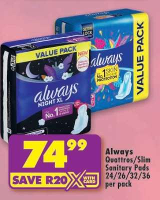 Always Quattros/Slim Sanitary Pads 24/26/32/36 per pack