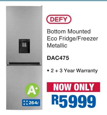 DEFY Bottom Mounted Eco Fridge/Freezer Metallic