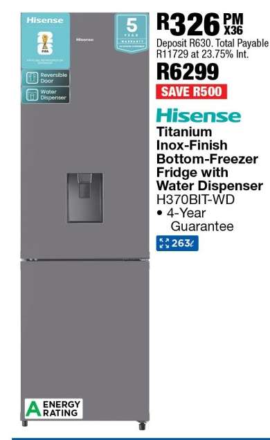 Hisense Titanium Inox-Finish Bottom-Freezer Fridge with Water Dispenser H370BIT-WD