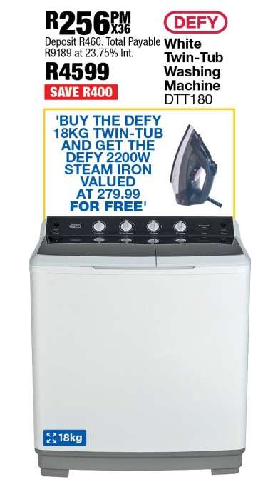 DEFY White Twin-Tub Washing Machine DTT180
