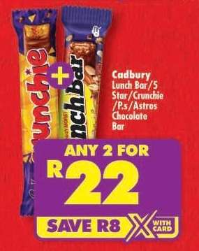 Cadbury Lunch Bar/5 Star/Crunchie/P.S./Astros Chocolate Bar