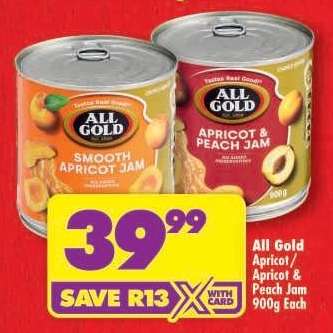 ALL GOLD APRICOT/APRICOT PEACH JAM 900g each
