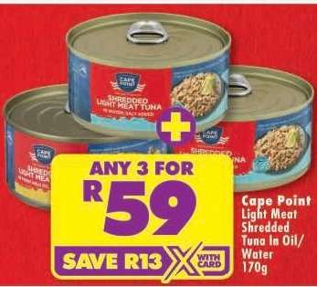 CAPE POINT LIGHT MEAT SHREDDED TUNA IN OIL/WATER 170g