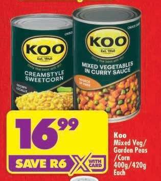 Koo Mixed Veg/Garden Peas/Corn 400g/420g Each