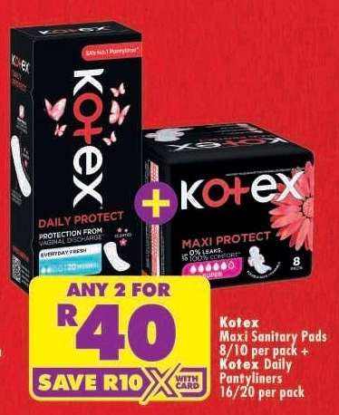 Kotex Maxi Sanitary Pads 8/10 per pack + Kotex Daily Pantyliners 16/20 per pack