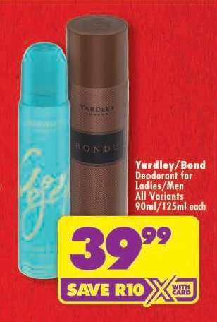Yardley/Bond Deodorant for Ladies/Men