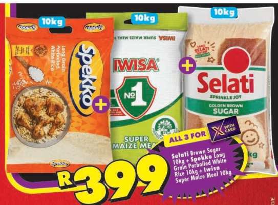 Selati Brown Sugar 10kg + Spekko Long Grain Parboiled White Rice 10kg + Iwisa Super Maize Meal 10kg