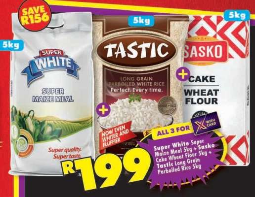 Super White Super Maize Meal 5kg + Sasko Cake Wheat Flour 5kg + Tastic Long Grain Parboiled Rice 5kg