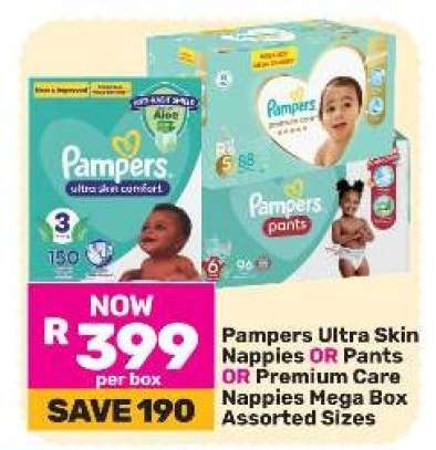 Pampers Ultra Skin Nappies OR Pants OR Premium Care Nappies Mega Box