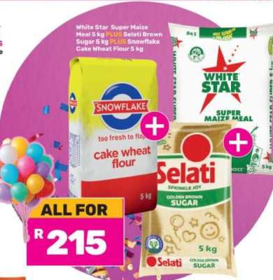 White Star Super Maize Meal 5 kg PLUS Selati Brown Sugar 5 kg PLUS Snowflake Cake Wheat Flour 5 kg