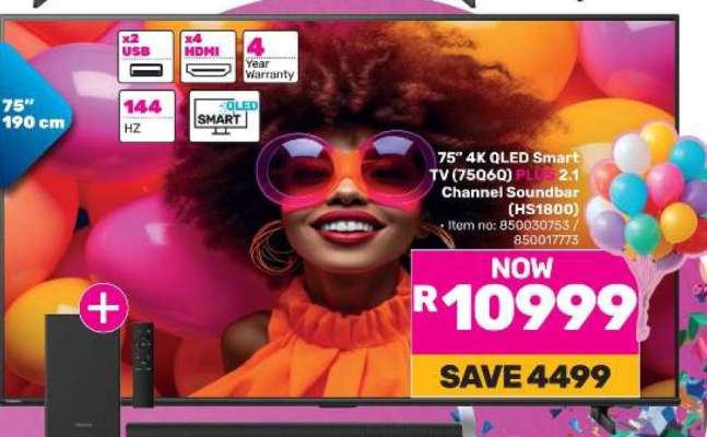 75" 4K QLED Smart TV (7506Q) PLUS 2.1 Channel Soundbar (HS1800)
