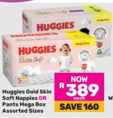 Huggies Gold Skin Soft Nappies OR Pants Mega Box Assorted Sizes