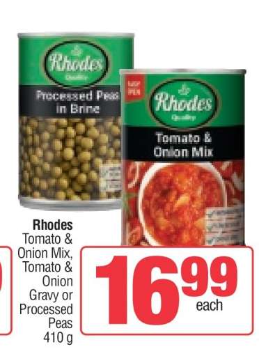 Rhodes Tomato & Onion Mix, Tomato & Onion Gravy or Processed Peas 410 g
