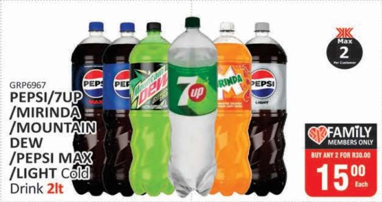 PEPSI/7UP/MIRINDA/MOUNTAIN DEW/PEPSI MAX/LIGHT Cold Drink 2lt