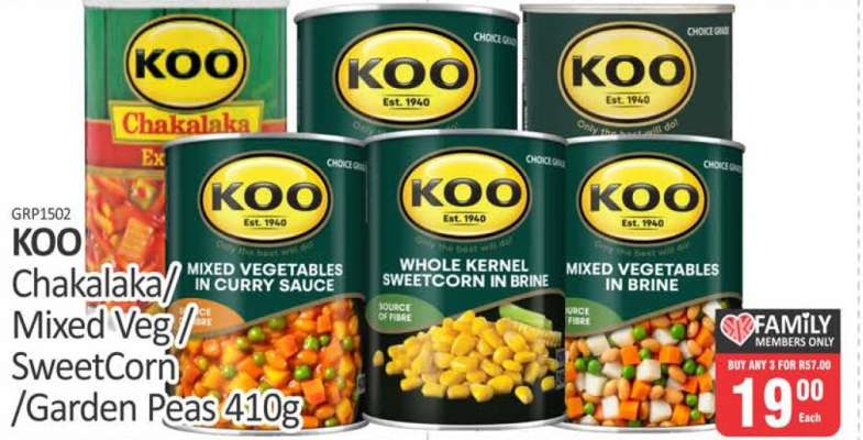 KOO Chakalaka/Mixed Veg/SweetCorn/Garden Peas 410g