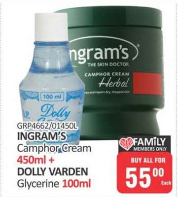INGRAM'S Camphor Cream 450ml + DOLLY VARDEN Glycerine 100ml