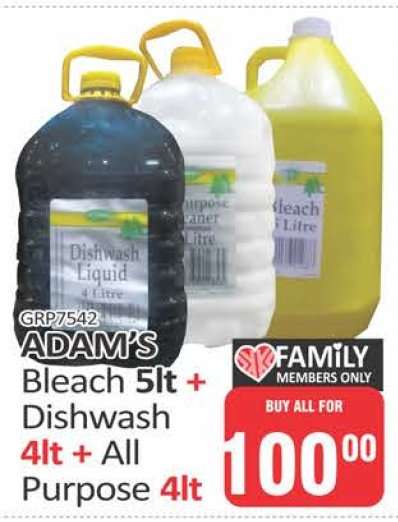 ADAM's Bleach 5lt + Dishwash 4lt + All Purpose 4lt