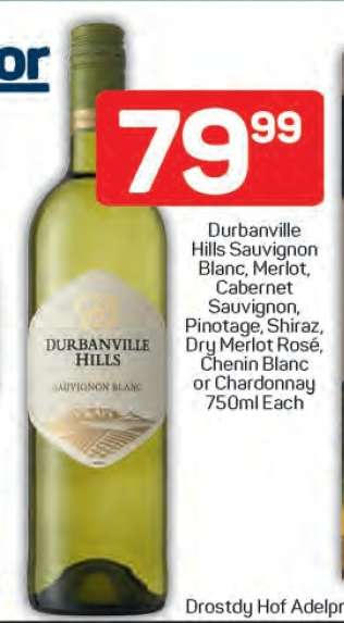Durbanville Hills Sauvignon Blanc, Merlot, Cabernet Sauvignon, Pinotage, Shiraz, Dry Merlot Rosé, Chenin Blanc or Chardonnay 750ml Each