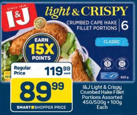 I&J Light & Crispy Crumbed Hake Fillet Portions Assorted 450/500g + 100g Each