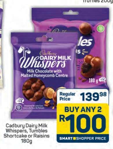 Cadbury Dairy Milk Whispers, Tumbles Shortcake or Raisins 180g