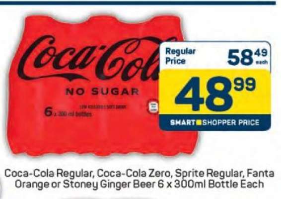 Coca-Cola Regular, Coca-Cola Zero, Sprite Regular, Fanta Orange or Stoney Ginger Beer 6 x 300ml Bottle Each