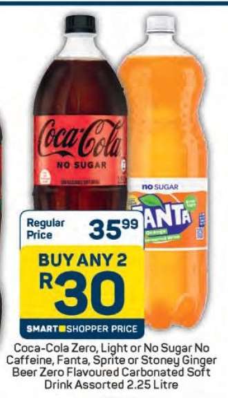 Coca-Cola Zero, Light or No Sugar No Caffeine, Fanta, Sprite or Stoney Ginger Beer Zero Flavoured Carbonated Soft Drink Assorted 2.25 Litre