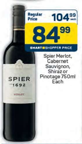 Spier Merlot, Cabernet Sauvignon, Shiraz or Pinotage 750ml Each