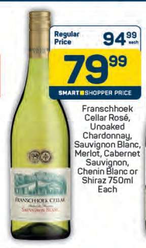 Franschhoek Cellar Rosé, Unoaked Chardonnay, Sauvignon Blanc, Merlot, Cabernet Sauvignon, Chenin Blanc or Shiraz 750ml Each