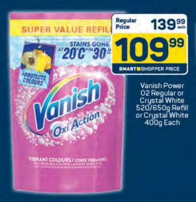 Vanish Power 02 Regular or Crystal White 520/650g Refill or Crystal White 400g Each