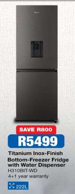 Titanium Inox-Finish Bottom-Freezer Fridge with Water Dispenser