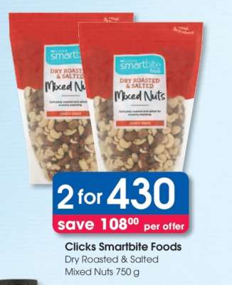 Clicks Smartbite Foods Dry Roasted & Salted Mixed Nuts 750 g