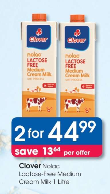 Clover Nolac Lactose Free Medium Cream Milk 1 Litre