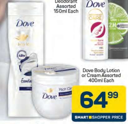 Dove Body Lotion or Cream Assorted 400ml Each