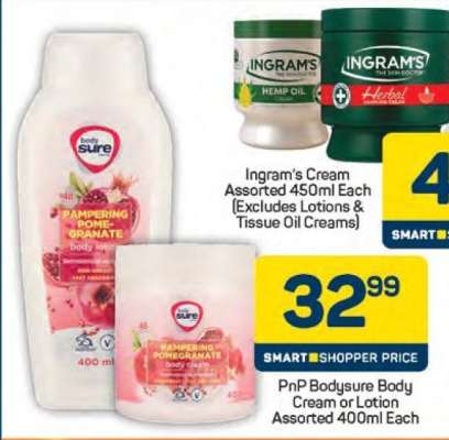 PnP Bodysure Body Cream or Lotion Assorted 400ml Each
