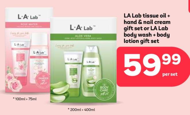 LA Lab tissue oil + hand & nail cream gift set or LA Lab body wash + body lotion gift set
