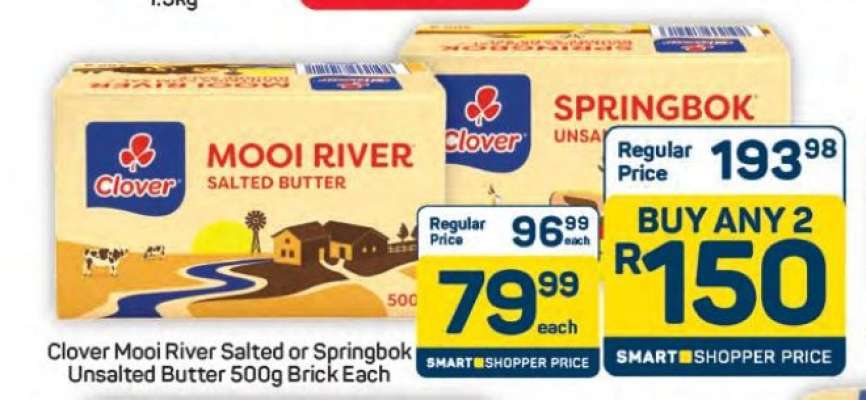 Clover Mooi River Salted or Springbok Unsalted Butter 500g Brick Each
